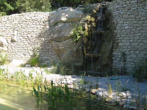 cascade rocheuse d'aspect naturel au pied d'un bassin dans jardin aquatique